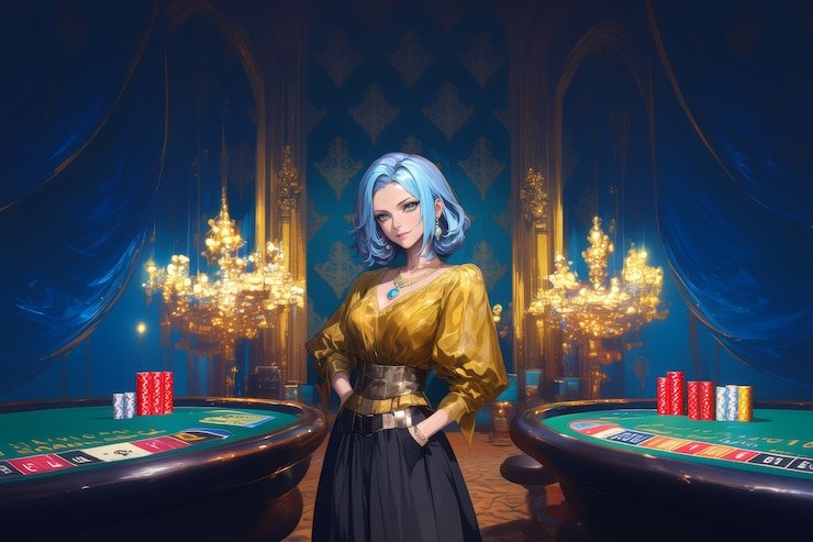 Meja Bandar Poker dengan dealer profesional dan kartu yang tersusun rapi di hadapan pemain