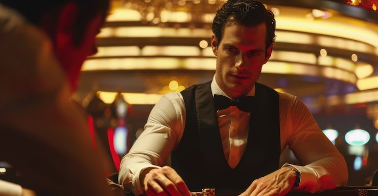 Layar tablet menampilkan meja live dealer baccarat dengan dealer dan pemain lainnya